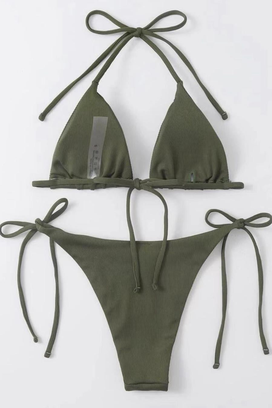 Olive Ribbed String Bikini Top