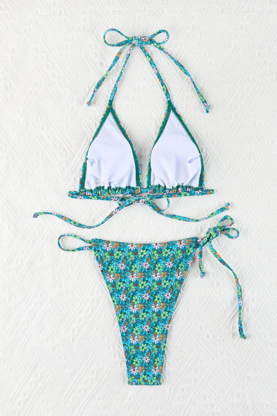 Green Floral String Bikini Top