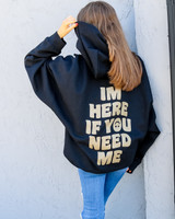  -Black Color
-Tan Text
-"IM HERE IF YOU NEED" Smiley Print
-Heavy Blend
-Hood with Drawstring
-Oversized 2XL Fit
-Sweatshirt
Materials:
50% Cotton | 50% Polyester 
CC HOOD NEED ONE SIZE