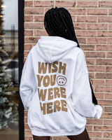-White Color
-Brown Text on Back
-Wish You Were Here Text
-Heavy Blend
-Thick Material
-Fleece Lined
-Hoodie
-Oversized Fit
-One Size 
-Sweatshirt
SC WNTR HOOD WISHW ONE SIZE